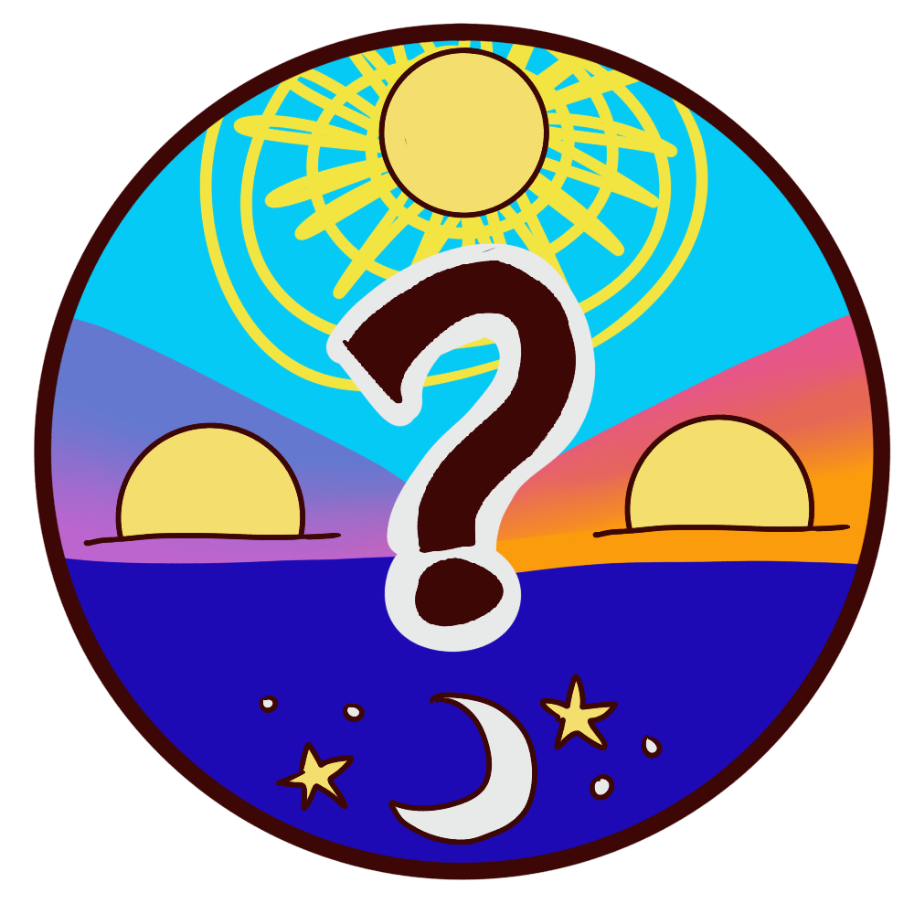 a circle with a sunrise, sunset, bright sky and night sky and a question mark